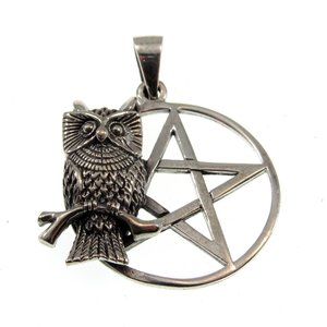 Solid 925 Sterling Silver Owl Pentacle Pagan Pentagram Pendant